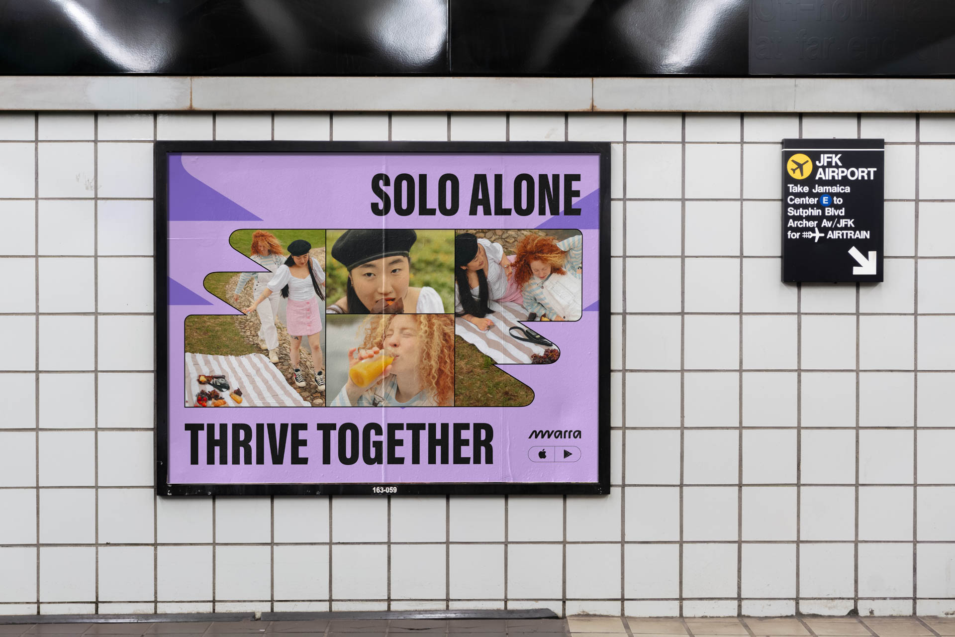 A poster on a tiled wall displays a collage of photos featuring people in various poses. The text “SOLO ALONE” appears at the top, and “THRIVE TOGETHER” at the bottom. The poster is framed in black and includes logos for Mwatta and JFK Airport. A black signboard to the right displays the same text and logos. The wall is composed of white square tiles.