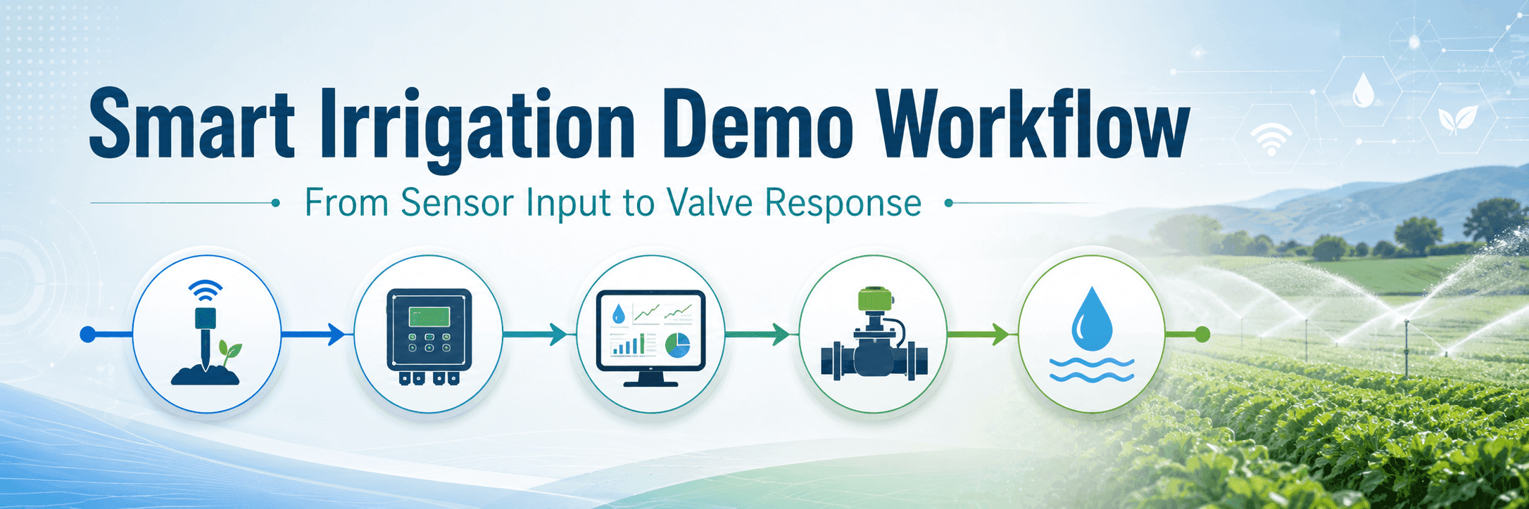 Smart irrigation demo workflow showing sensor input, controller decision, software visibility and equipment response