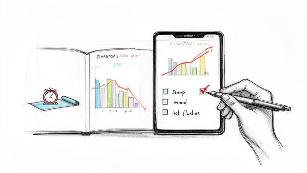 Hand with stylus tracking sleep on a smartphone displaying health charts, alongside a notebook and yoga mat.