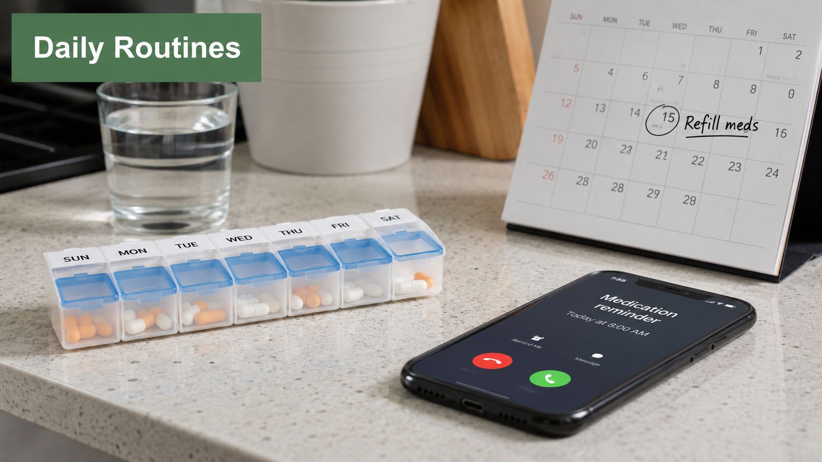 A pill organizer, a calendar with a medication reminder, and a phone displaying a medication alert on a counter.