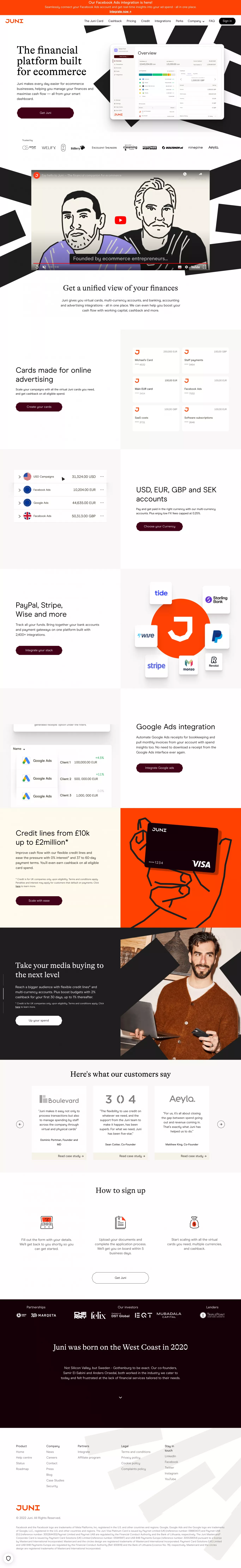 Juni landing page screenshot showcasing Tech and Finance design