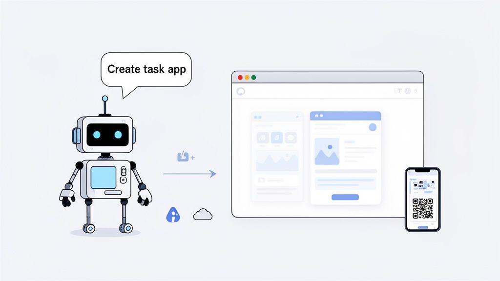 A friendly robot automates app creation, generating a task app within a browser interface, ready for mobile download via QR code.