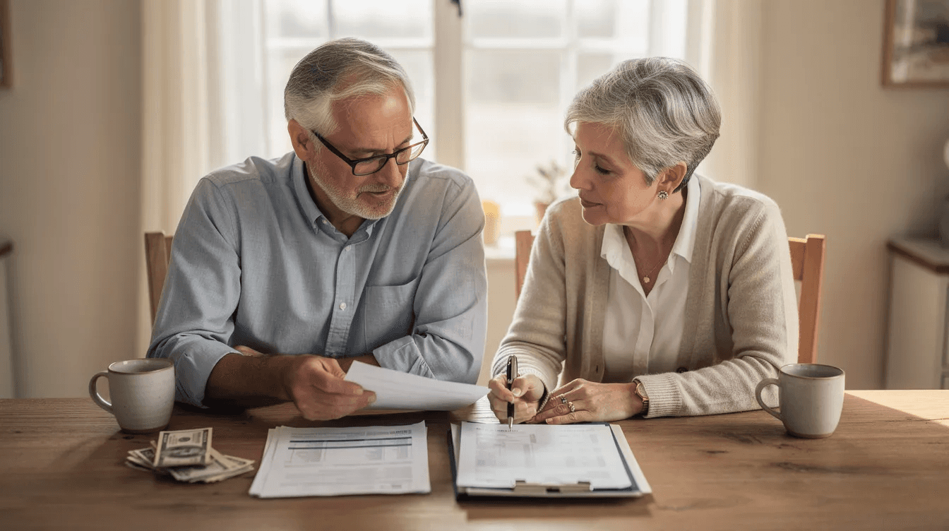 An older couple sits together at a dining table, reviewing financial documents, possibly discussing their long term care insurance options and the future care costs they may face. The atmosphere is focused and collaborative, reflecting their commitment to planning for their financial situation and ensuring they have enough money for potential care services.