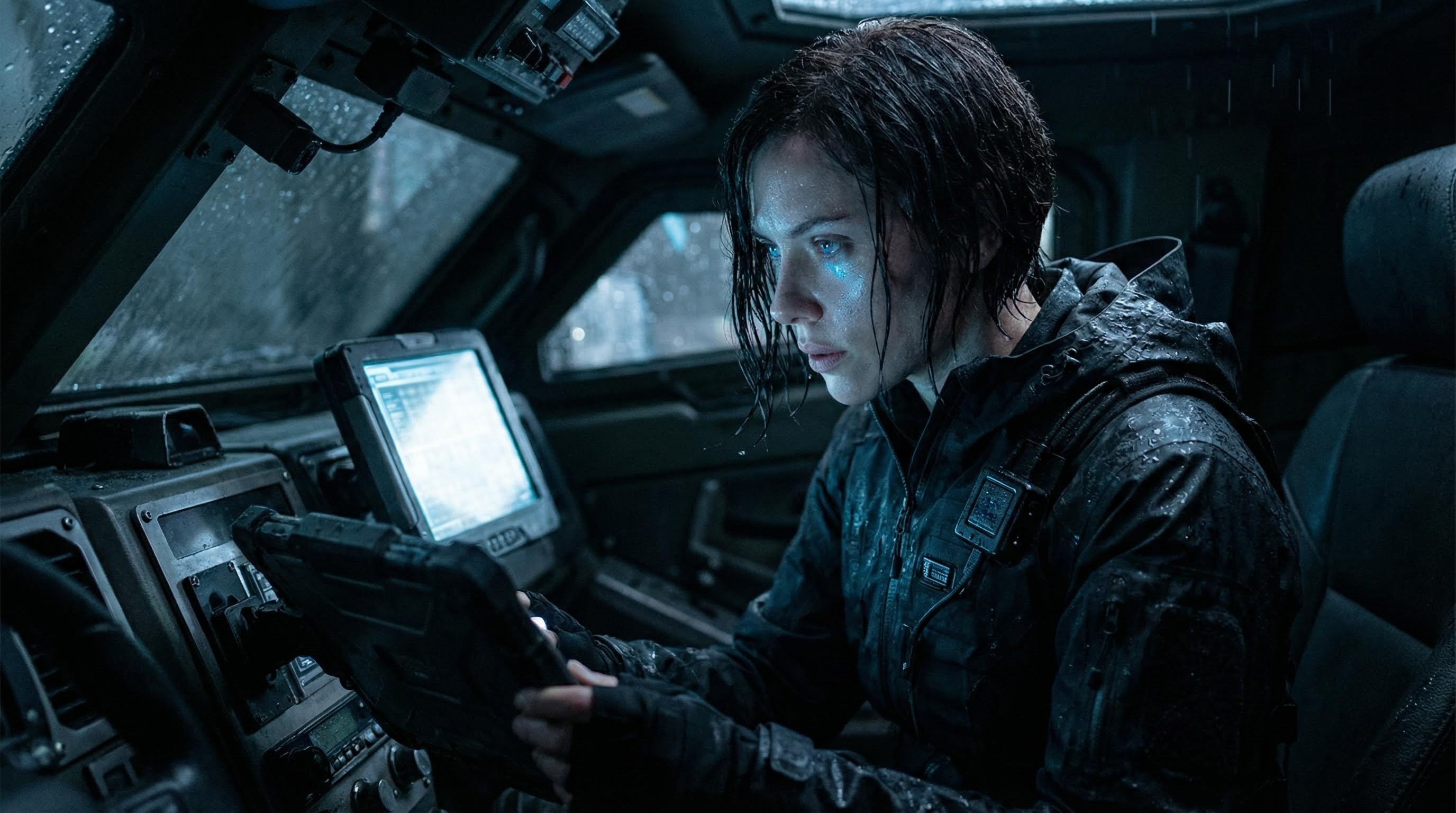 LIGHTING: TELEVISION GLOW. Cool 6500K flickering screen light reflecting on the skin. SUBJECT: A futuristic female operative with rain-slicked skin and wet hair, eyes reflecting a glowing digital display. ENV: Interior of a dark high-tech vehicle. ATMOS: Tense electronic ambiance with subtle intensity fluctuations.