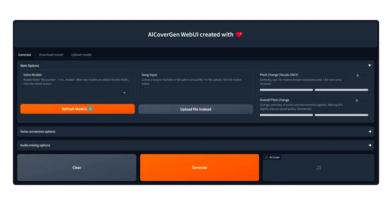 AI cover generator with WebUI powered by RVC with options for changing pitch, voice models, and uploading songs