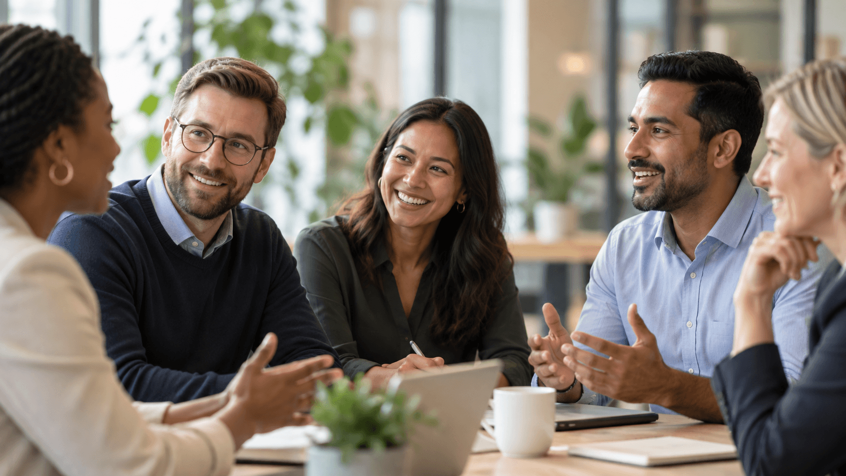 Colleagues sharing ideas during a professional team meeting.