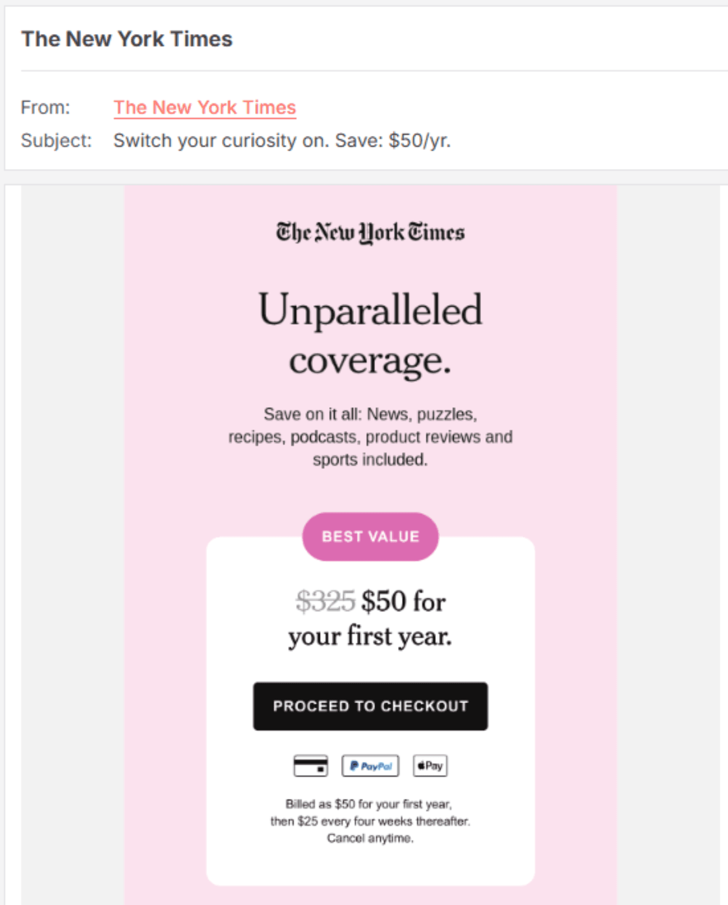 Offer Multiple Payment Options in the Email.png – A New York Times subscription email displaying a promotional offer with payment options like PayPal and Apple Pay.