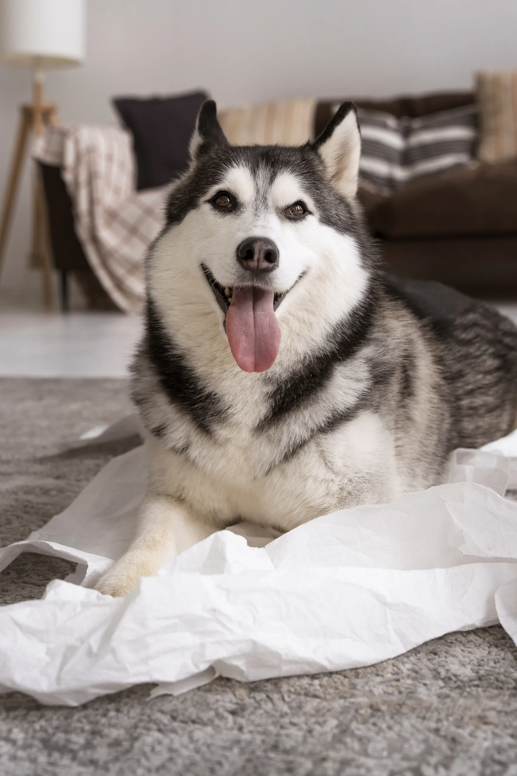 Husky cachorro deitado confortavelmente na cama