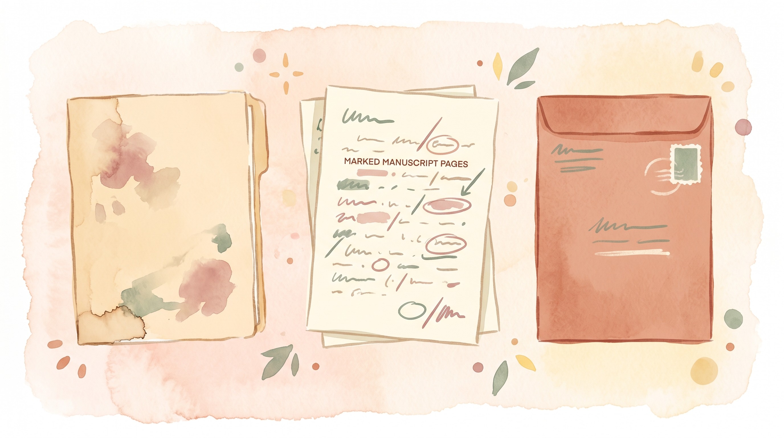 Preprint folder, marked manuscript pages, and a backup journal envelope