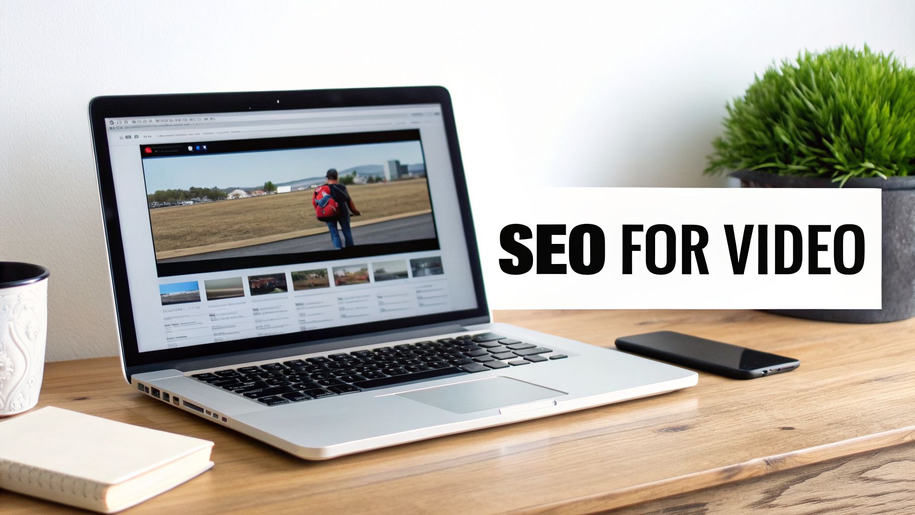 A laptop on a wooden desk displays a video with a person, next to text 'SEO FOR VIDEO'.