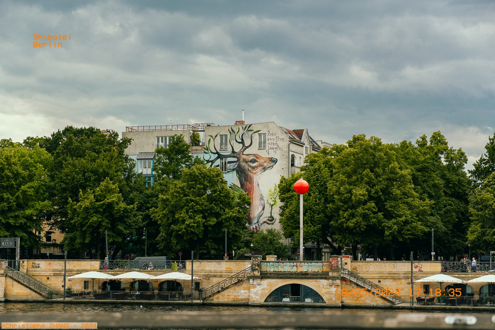 Art de rue représentant un cerf sur un immeuble à Berlin, vue depuis Spree