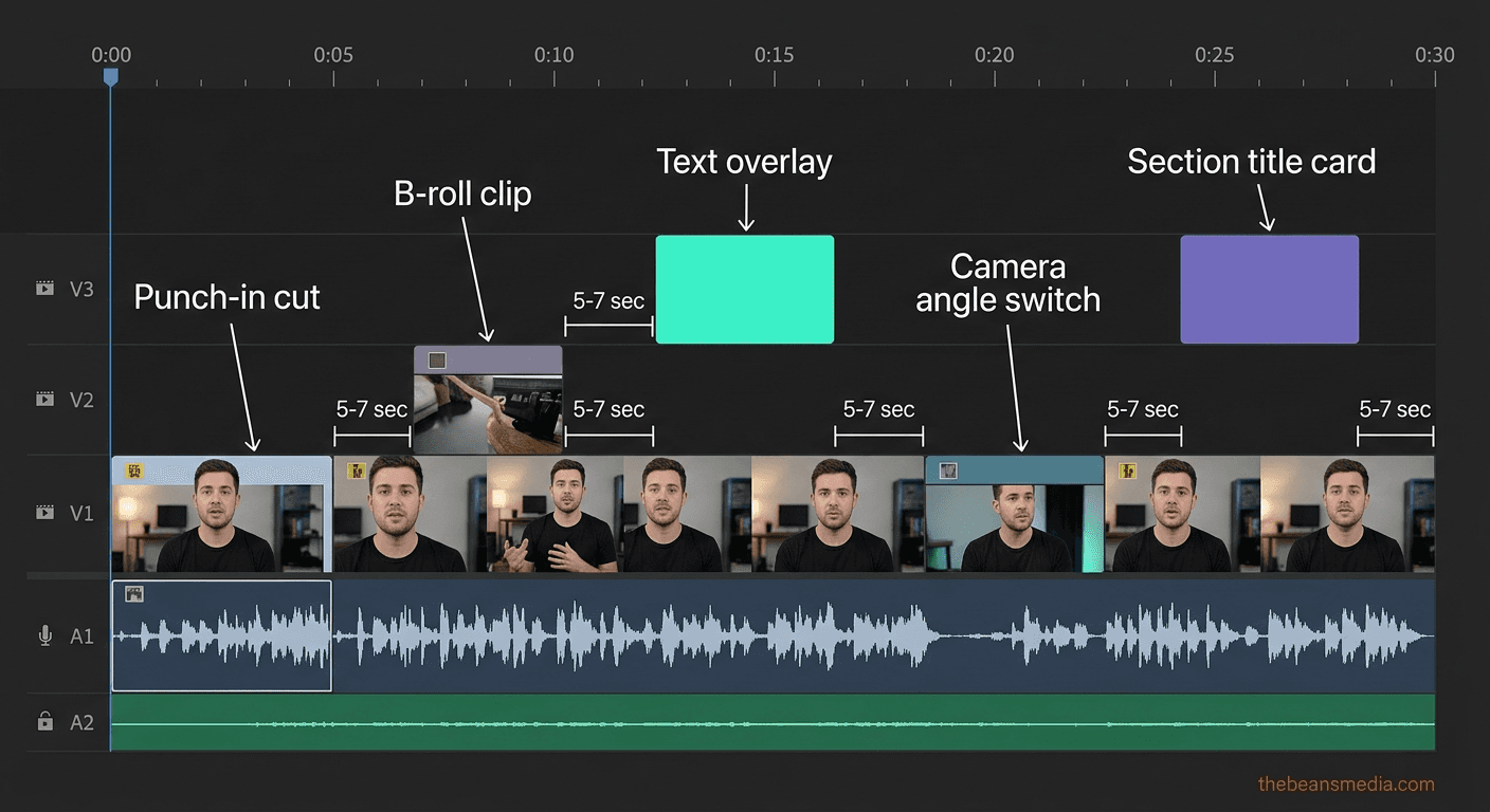 Premiere Pro timeline showing talking head video editing techniques with punch-ins, B-roll, and text overlays spaced for viewer retention