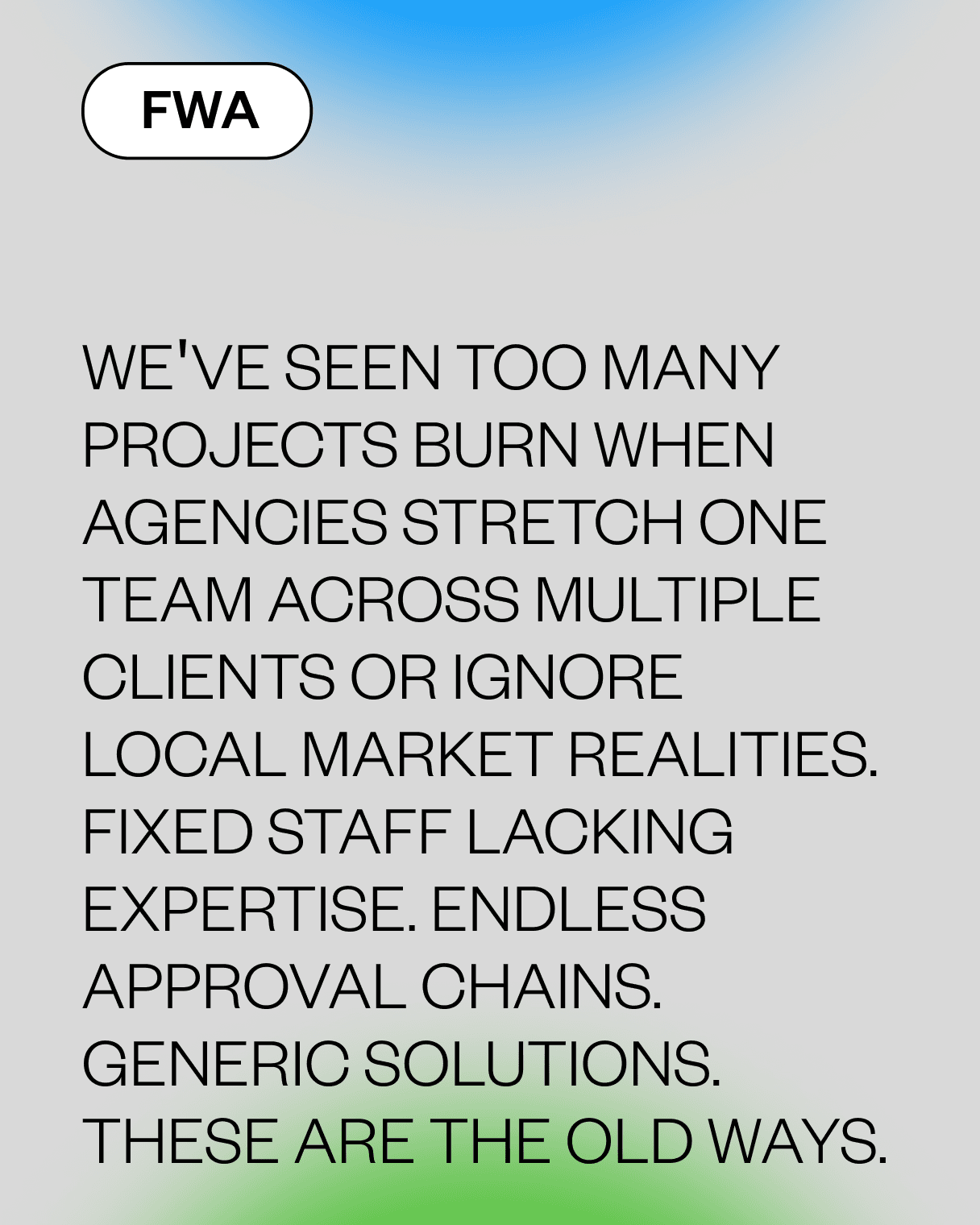 Agency model critique poster describing outdated agency practices and challenges in creative production