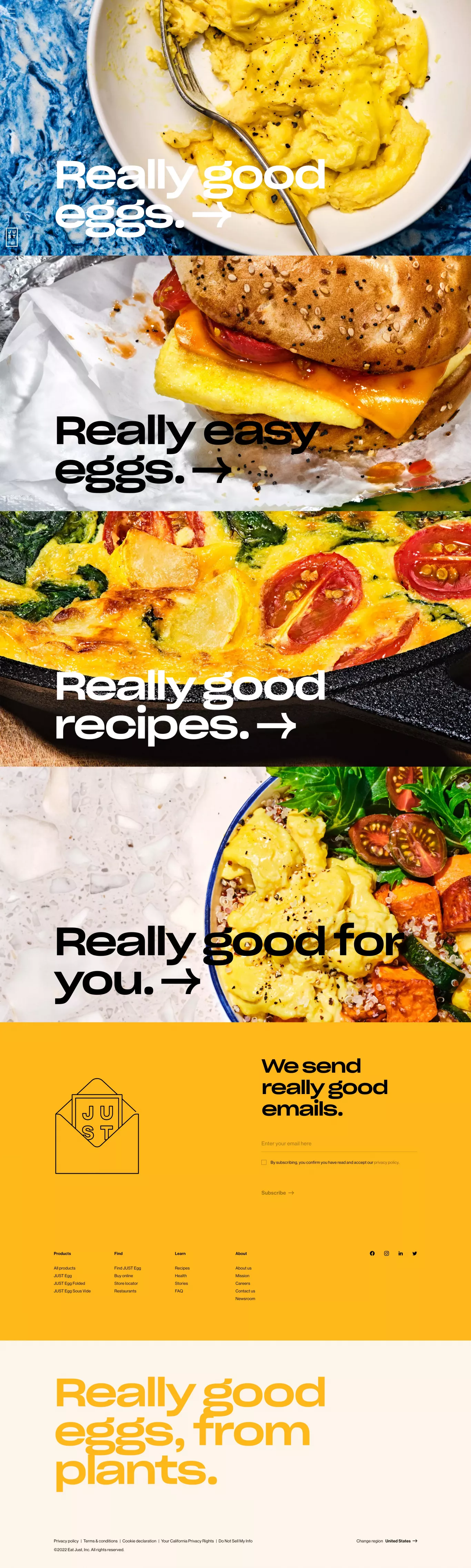 JUST Egg landing page screenshot showcasing Food & Drinks and Nature design