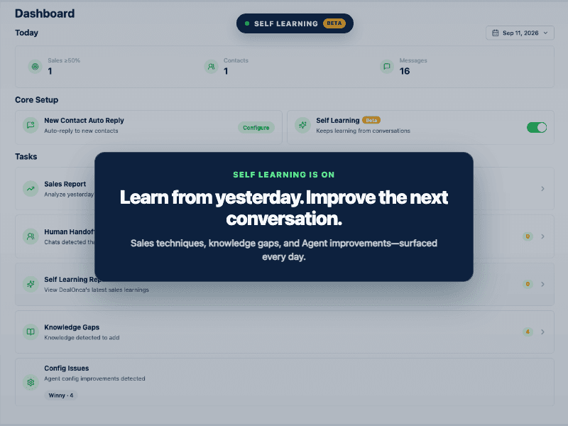 DealOnca Self Learning dashboard showing daily learning reports and knowledge gaps.