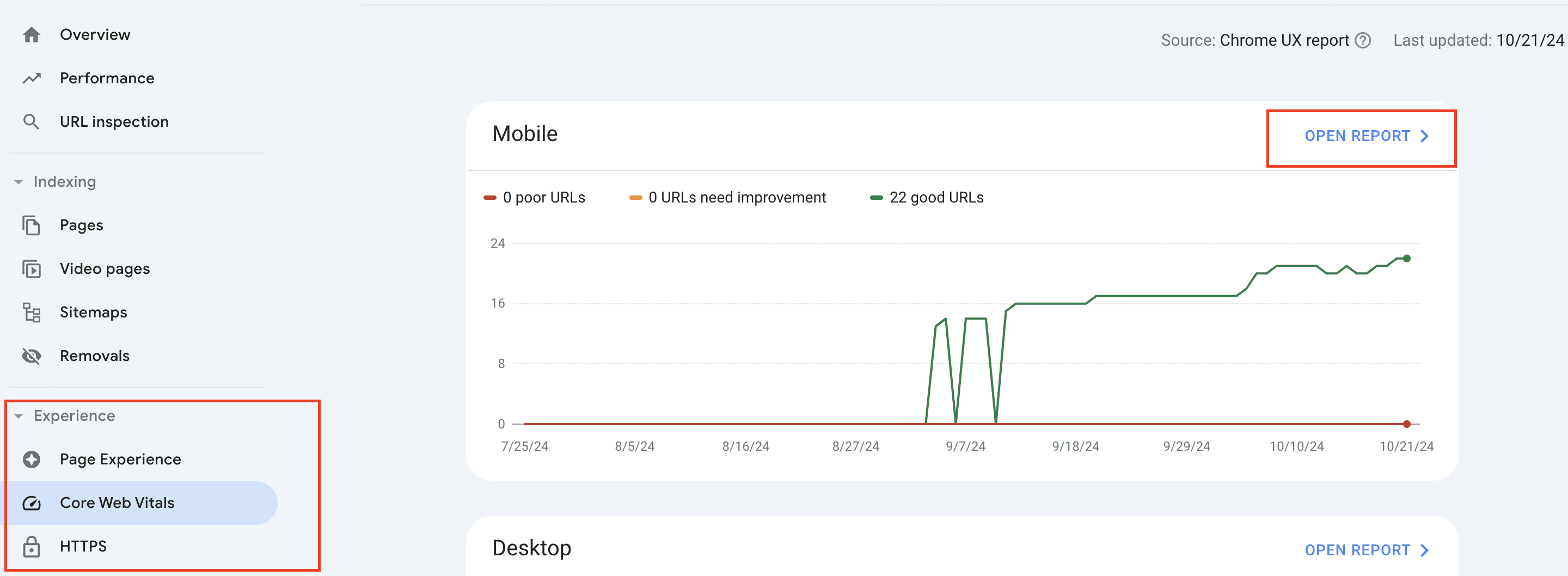 Google serach console Core web vitals