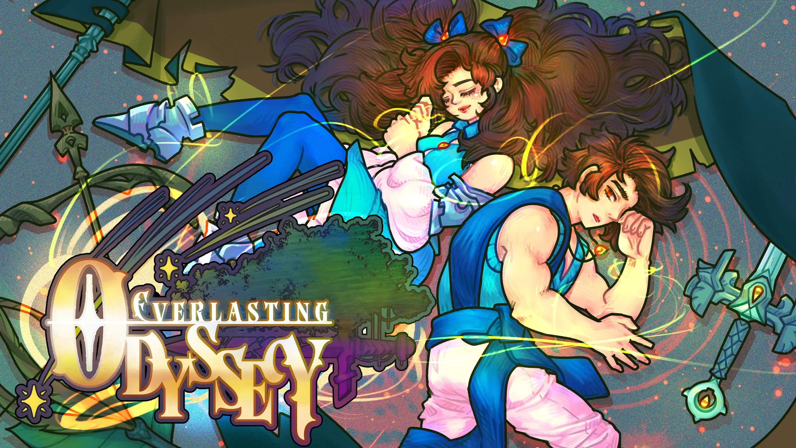 Everlasting Odyssey heroes resting beneath a glowing tree in a magical fantasy landscape