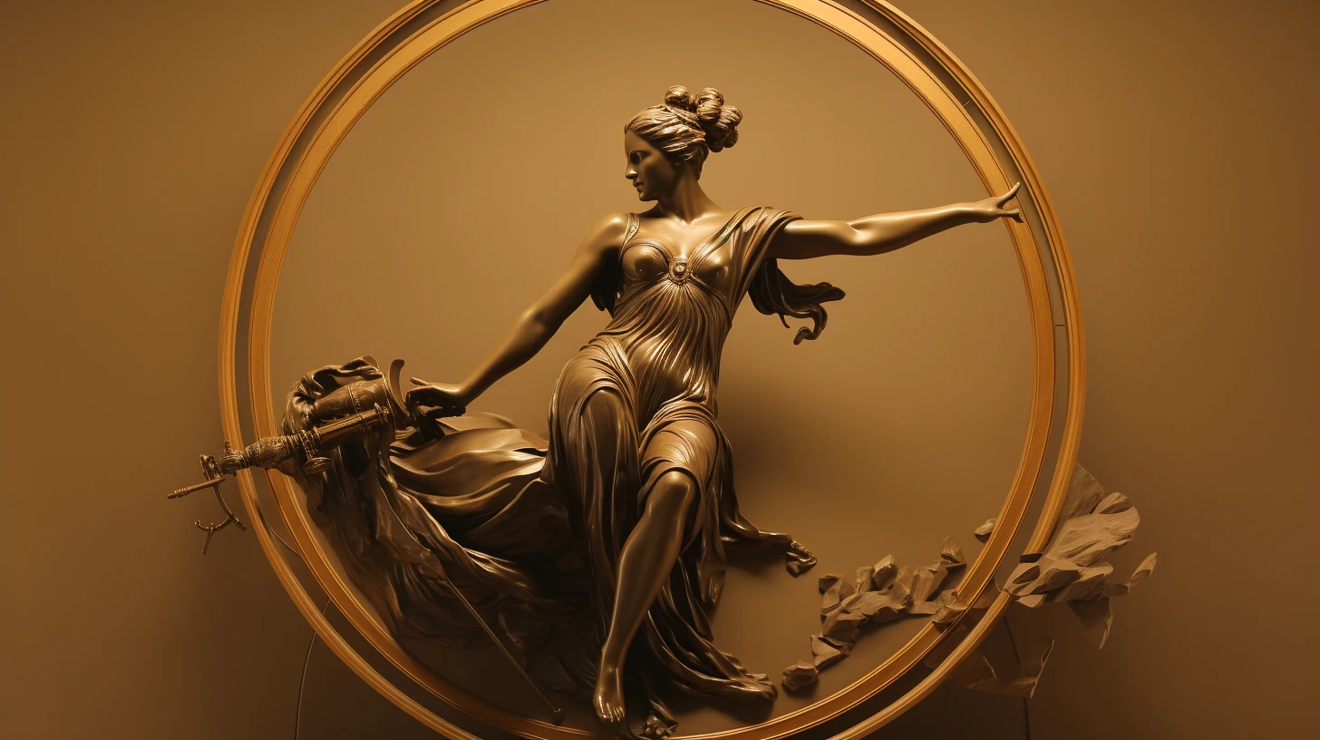 A bronze statue of Lady Justice in a dynamic pose within an ornate circular frame, representing the classical personification of the moral force in judicial systems.