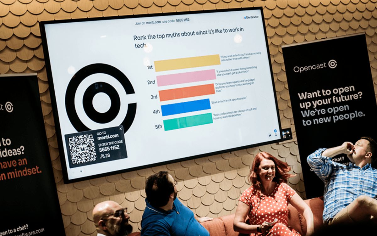 Large screen showing ranked myths about working in tech, with QR code and Opencast banners in the background.