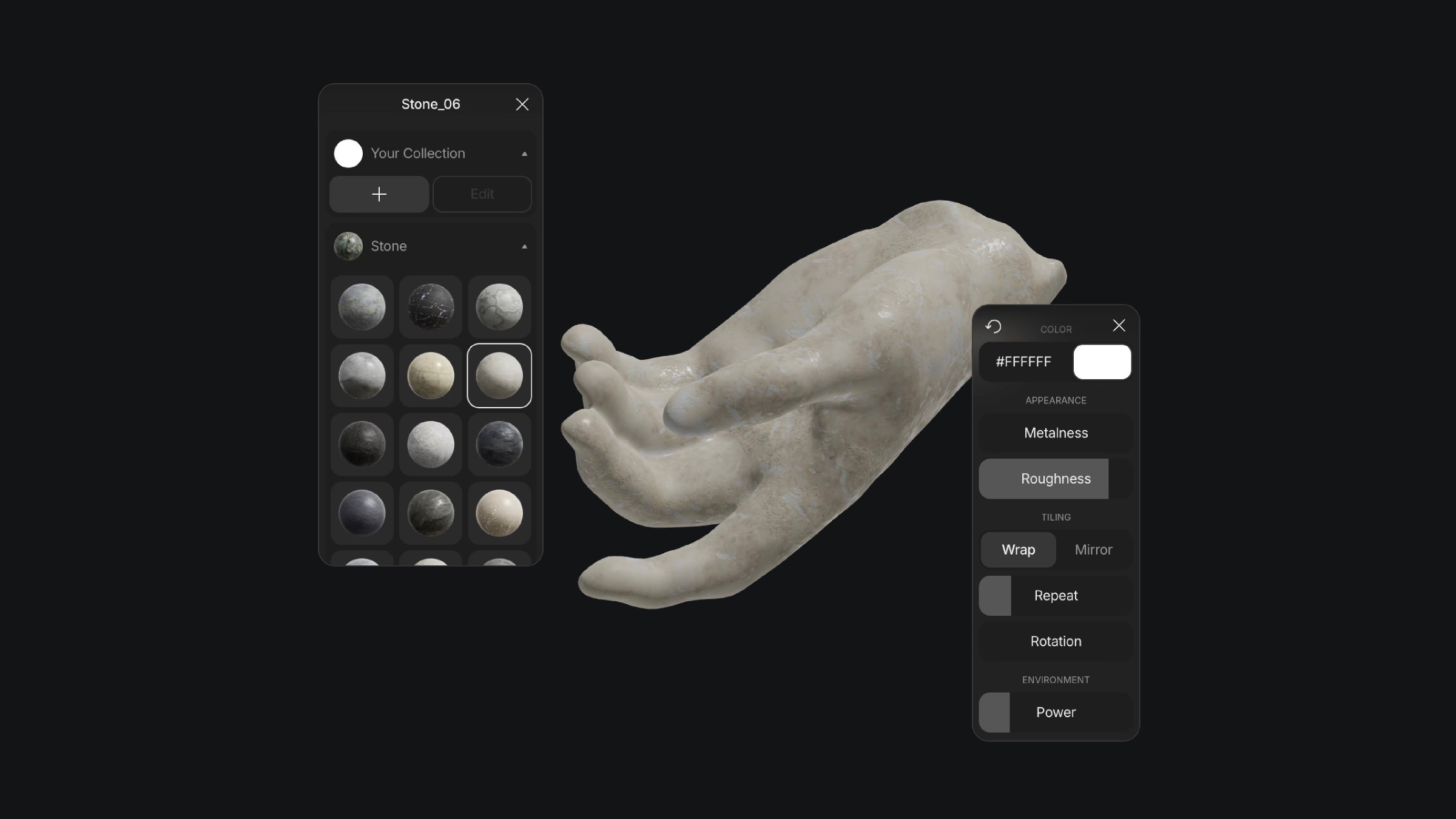 User interface showcasing a 3D model of a sculpted hand, with options for adjusting the stone texture and properties such as metalness, roughness, and color, from a side panel displaying various stone textures to choose from