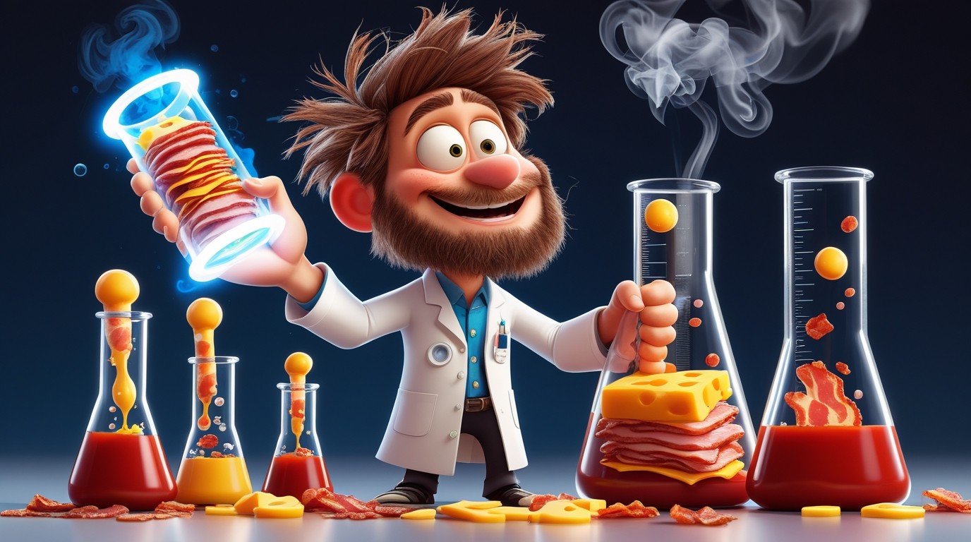 A crazy but friendly cartoon scientist with messy hair, wearing a white lab coat, holding a giant glowing EMAIL EXTRACTOR