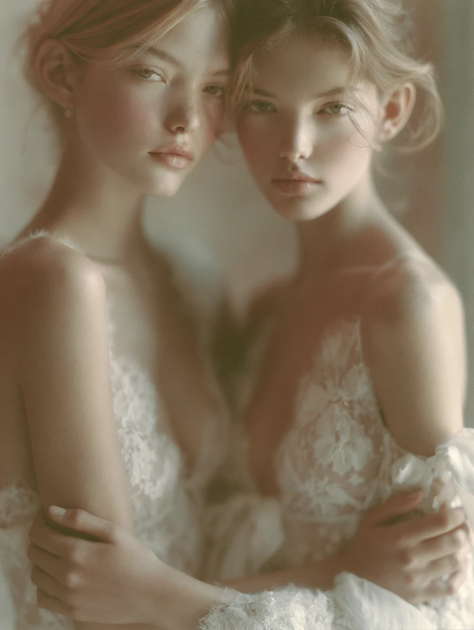 Two brides in lace gowns embracing in soft sepia light, romantic fine-art wedding photography