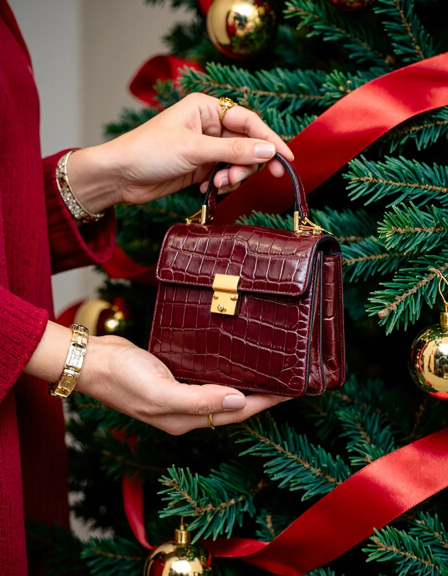 Hands holding burgundy crocodile leather handbag with gold hardware against decorated Christmas tree background