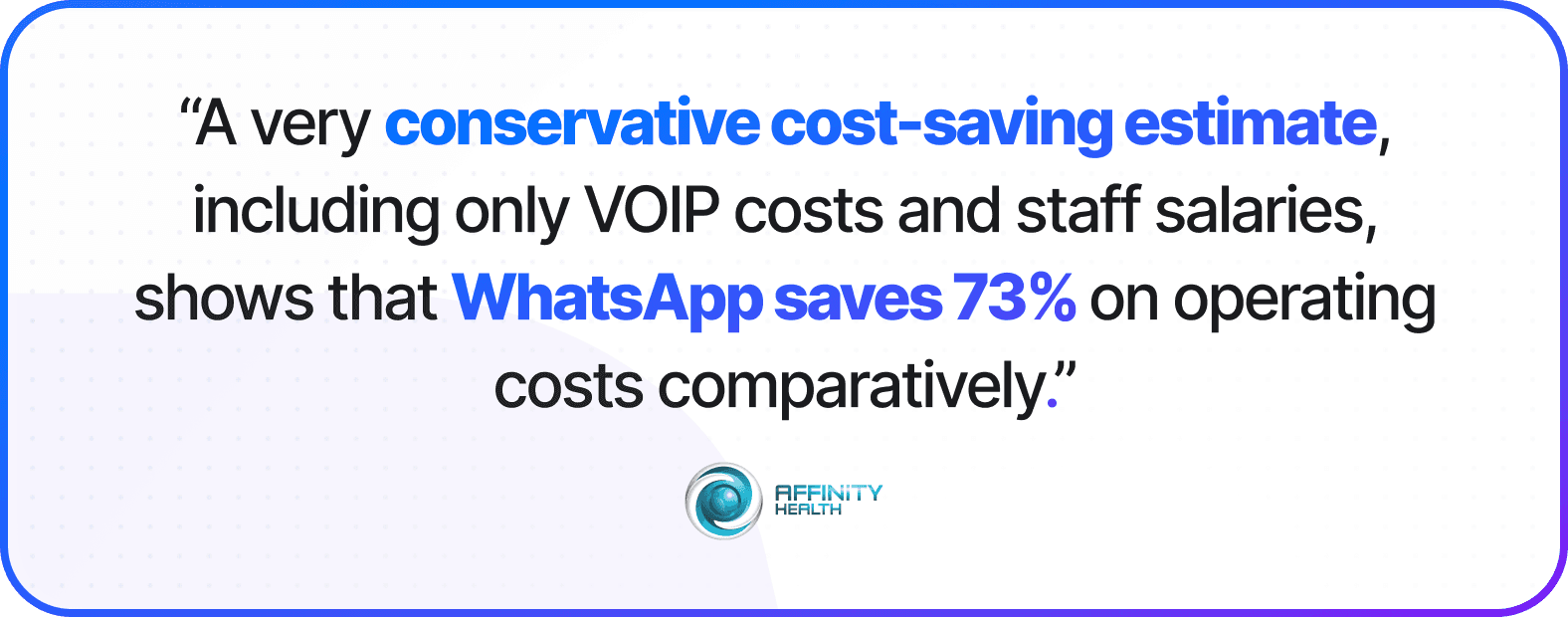 Quote: WhatsApp saves 73% on operating costs compared to traditional methods (Affinity Health).