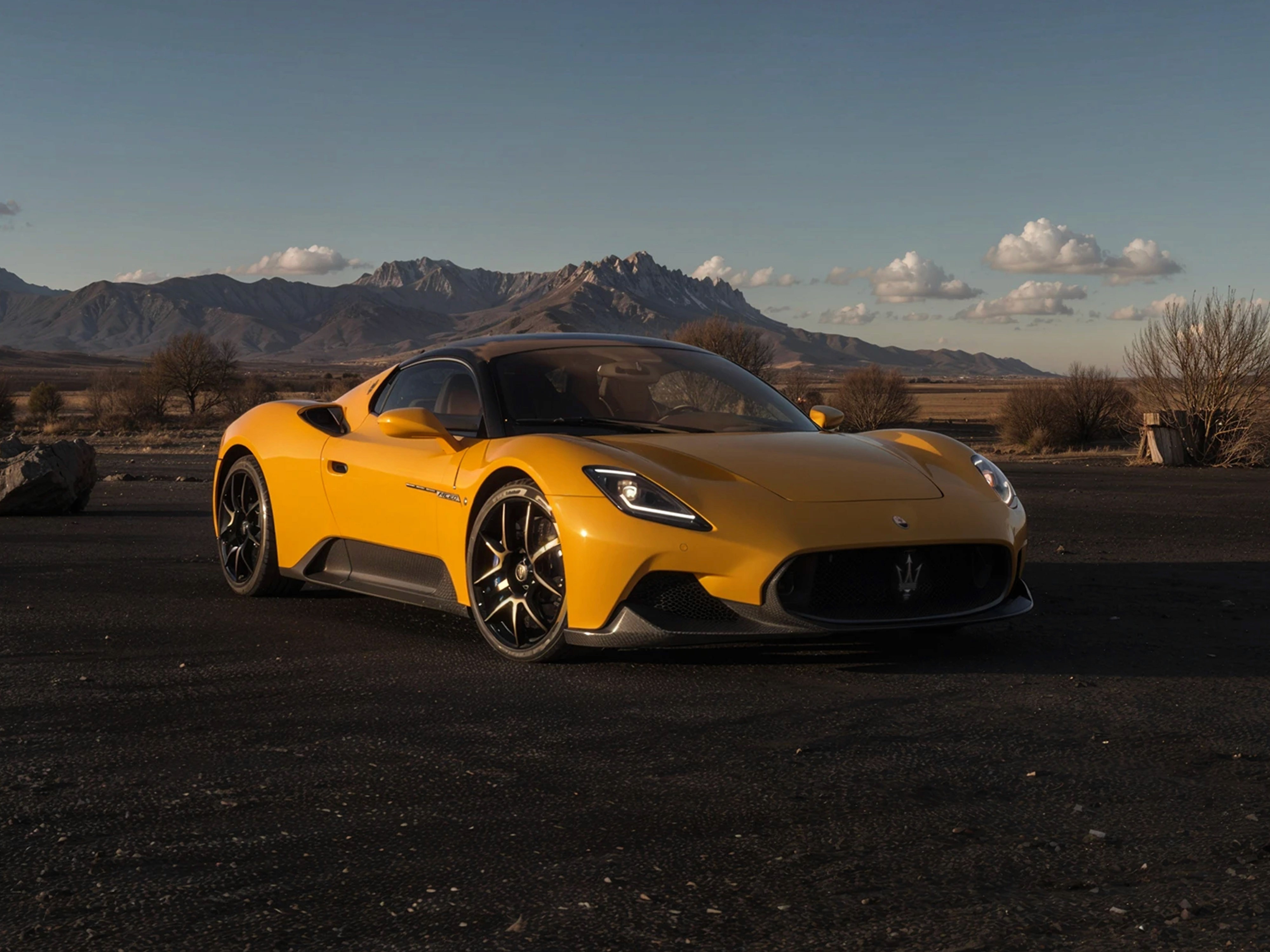 Supercar Maserati MC20 in colore Giallo Genio immersa in un paesaggio naturale con montagne al tramonto.
