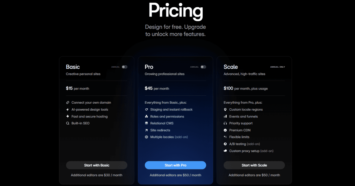 Page de tarification Framer présentant les plans Basic, Pro et Scale avec fonctionnalités et prix mensuels