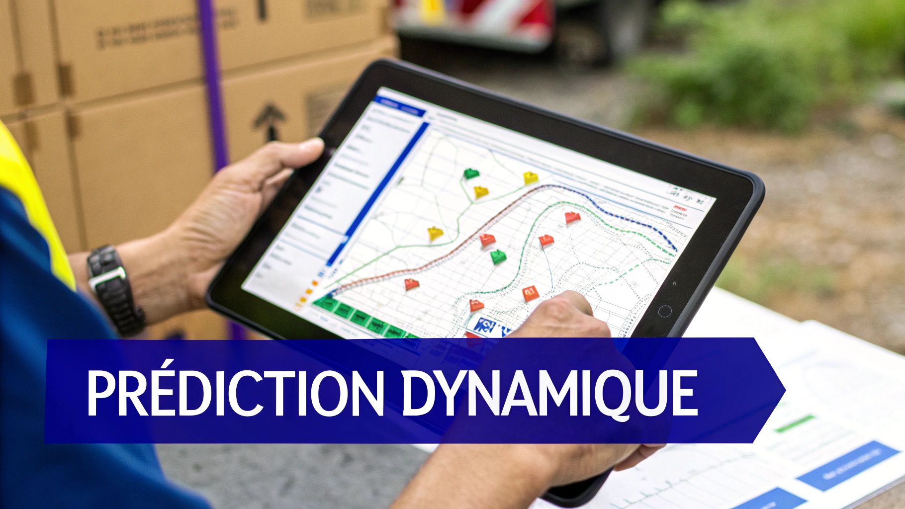 Une personne tient une tablette affichant une carte avec des itinéraires et des marqueurs, avec une bannière bleue indiquant 'PRÉDICTION DYNAMIQUE'.