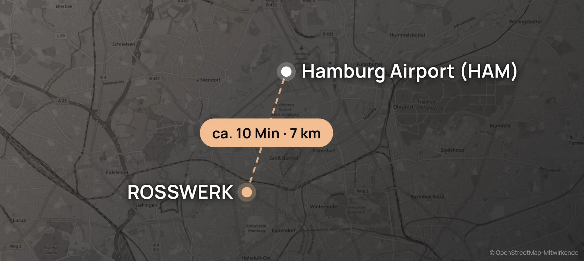 Karte: ROSSWERK am Offakamp 9 in Hamburg, ca. 10 Minuten zum Hamburg Airport