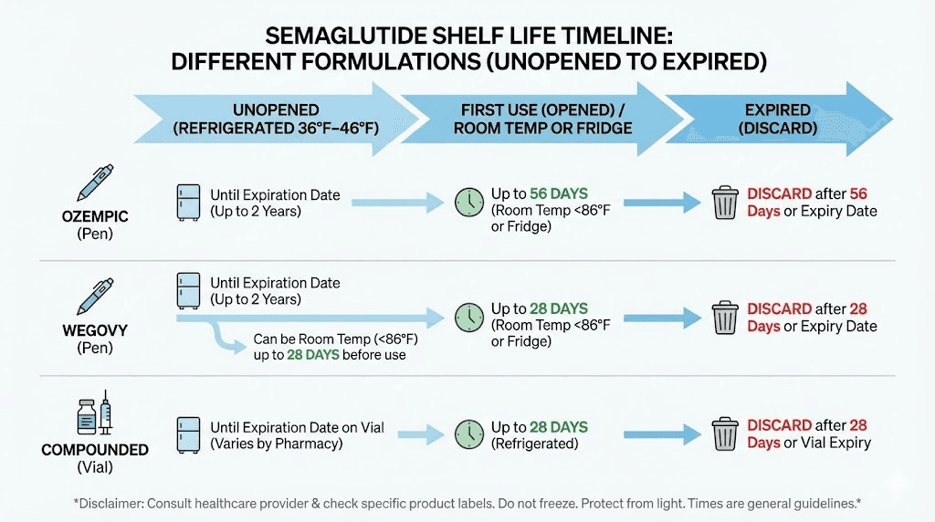 Semaglutide shelf life timeline for Ozempic, Wegovy, compounded vials, and Rybelsus