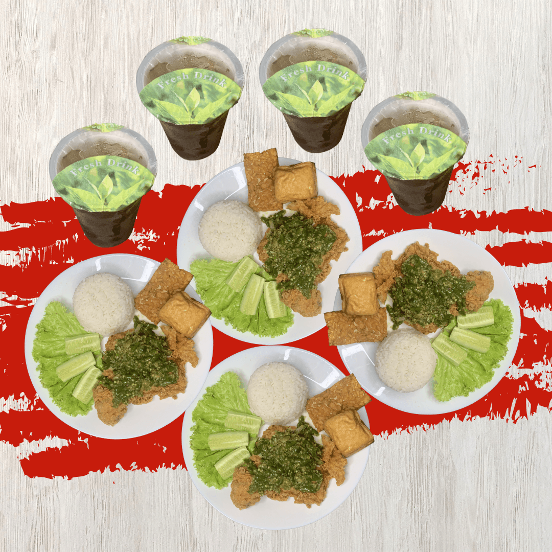 4 potong ayam geprek sambal ijo crispy dan juicy dengan lalapan, 4 nasi putih, 4 tahu, 4 tempe, dan 4 es teh manis
