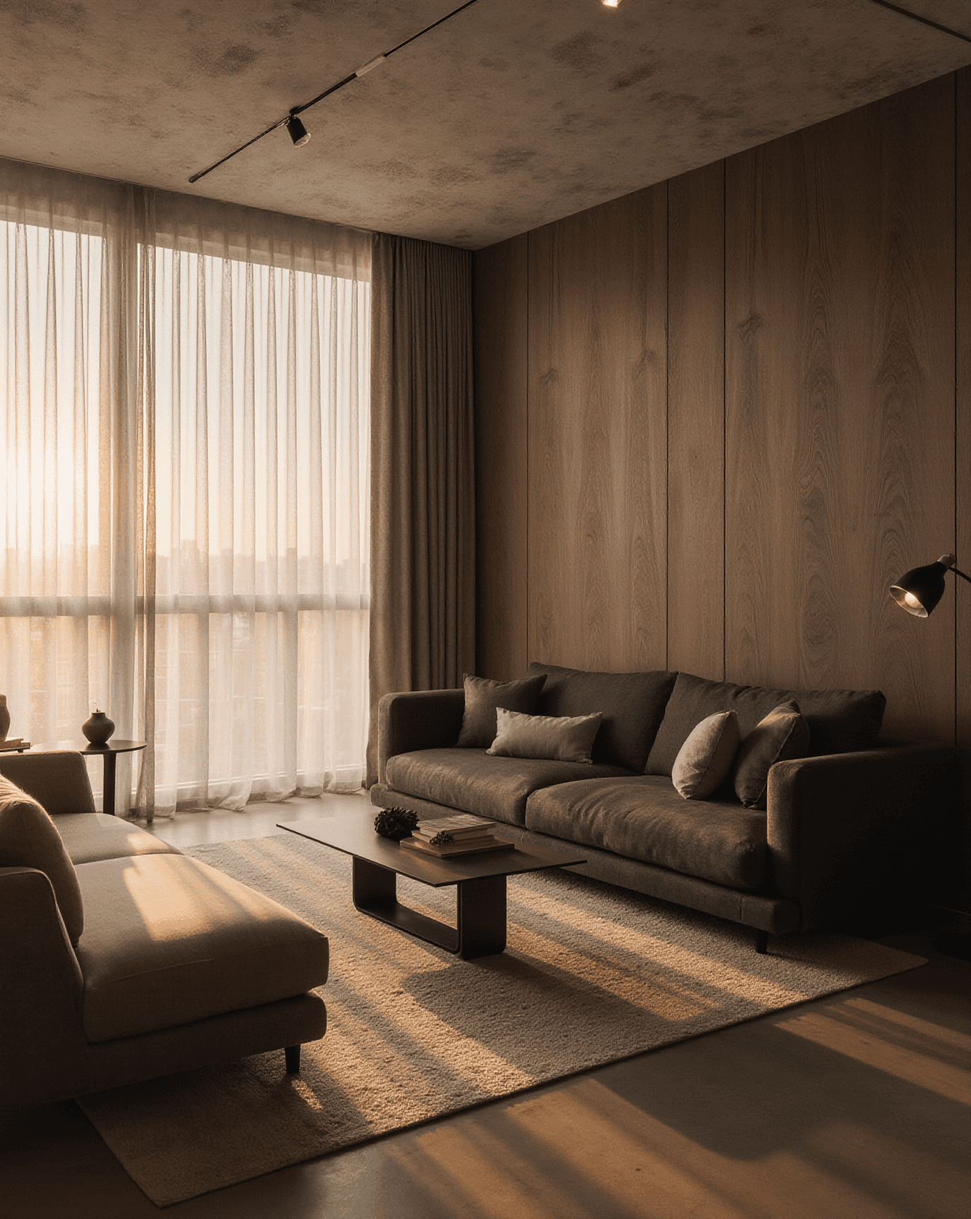 Warm living room with sunlight through sheer curtains, a dark sofa, and a low coffee table on a textured rug.