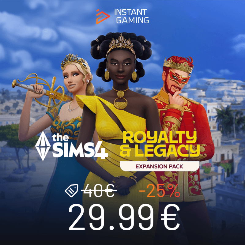 Jaquette Les Sims 4 Héritage et Royauté Collection Majestueuse sur PC et Mac EA App, personnages royaux en tenues élégantes, extension de simulation de vie axée sur dynasties, noblesse et héritage