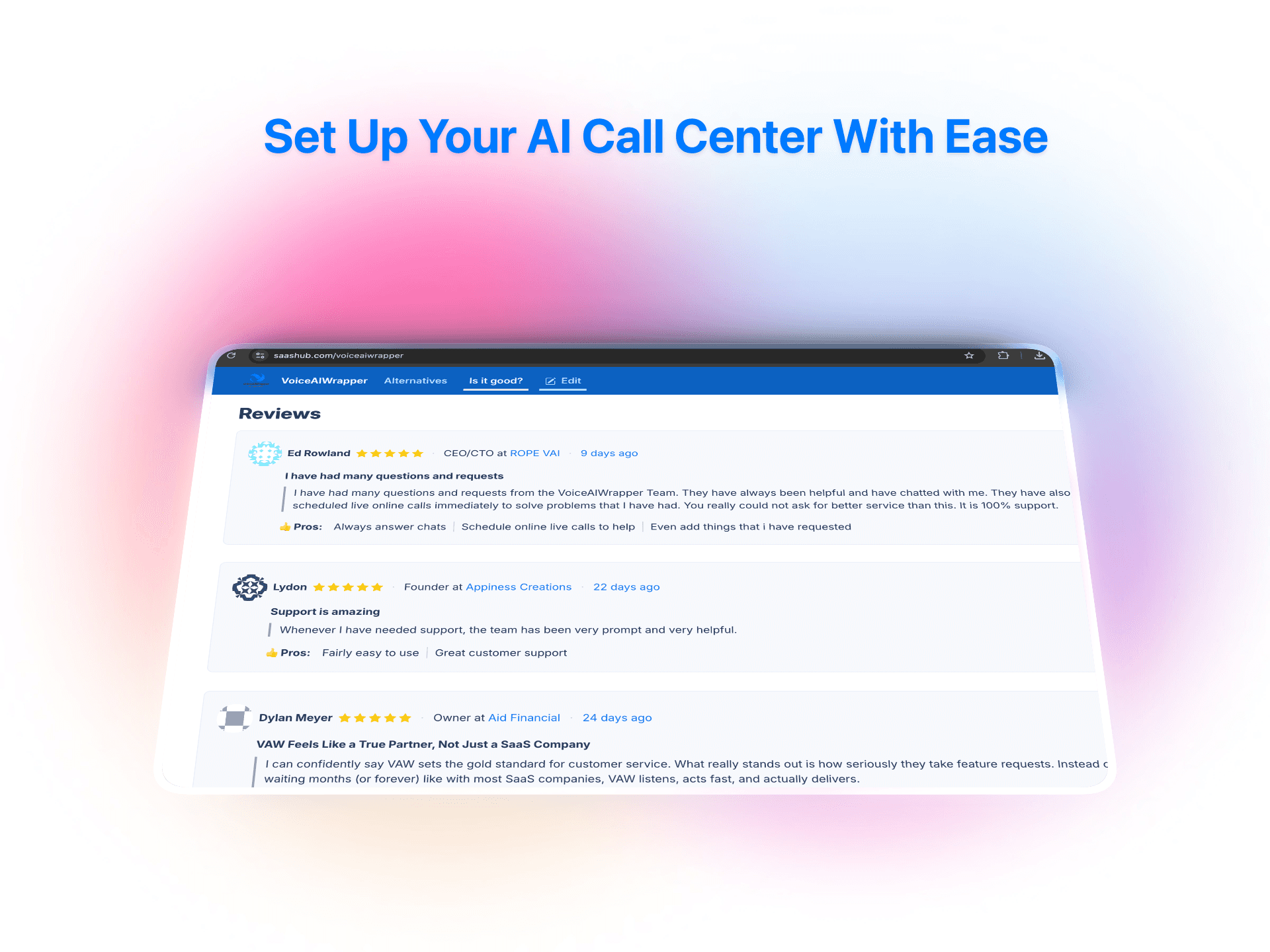 VoiceAIWrapper AI call center platform customer reviews interface with 5-star ratings and user testimonials | VoiceAIWrapper