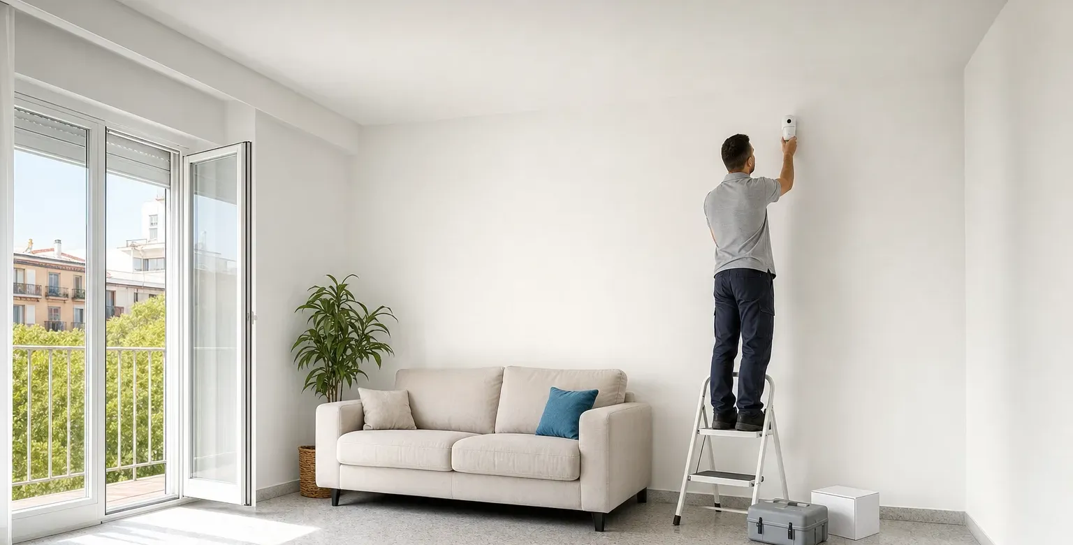Técnico instalando una alarma sin obras en el salón de una vivienda de Tarragona