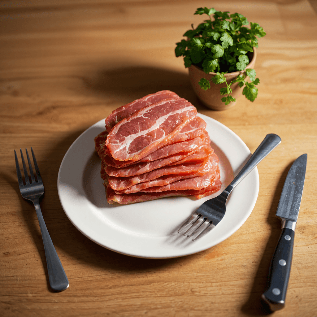 product photography of a stack of sliced meat
