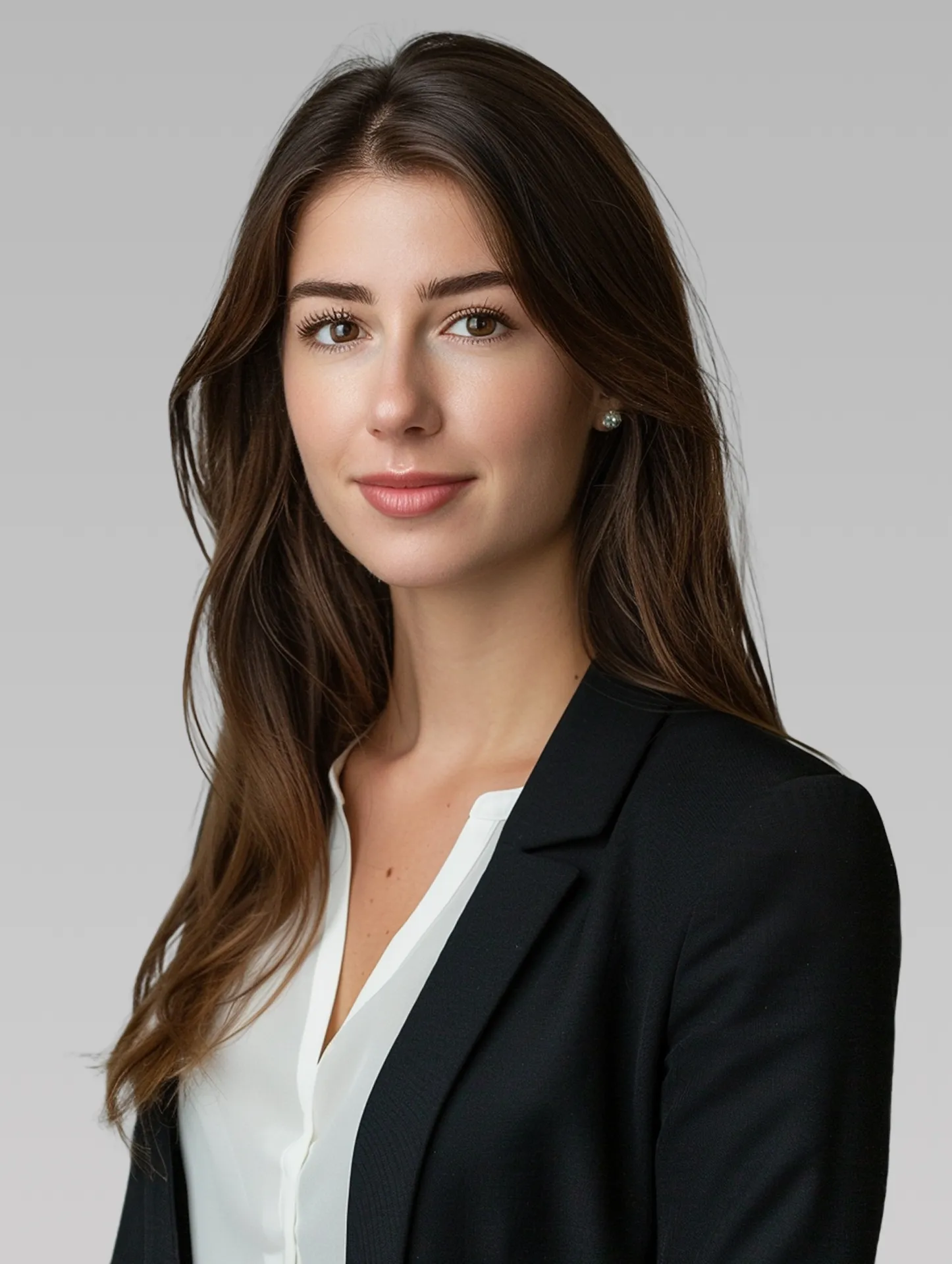 Professional portrait of a woman in a black blazer and white blouse, agianst a white back ground