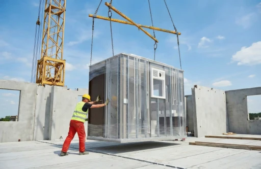 A picture of the VAKIO Prefab Bathroom Pod being installed by crane on an industrialized construction site.