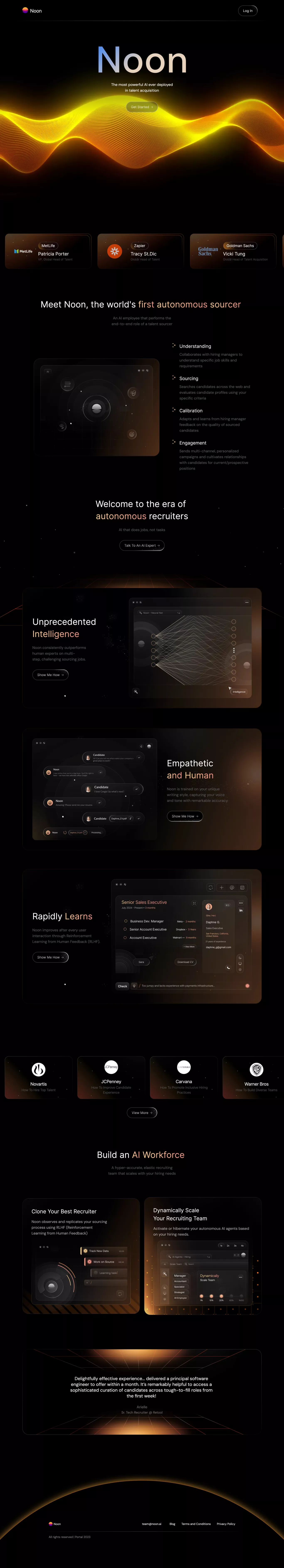Noon landing page screenshot showcasing HR and Tech design