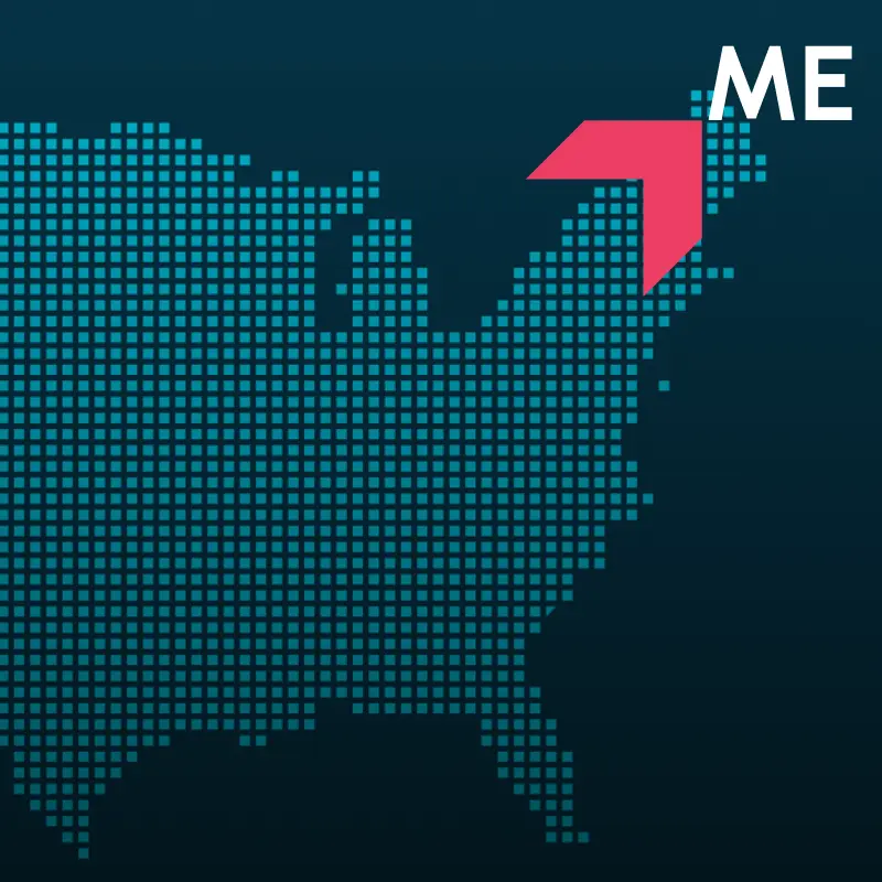 Map highlighting Maine with a red arrow, representing GIA Group, LLC truck insurance coverage area.