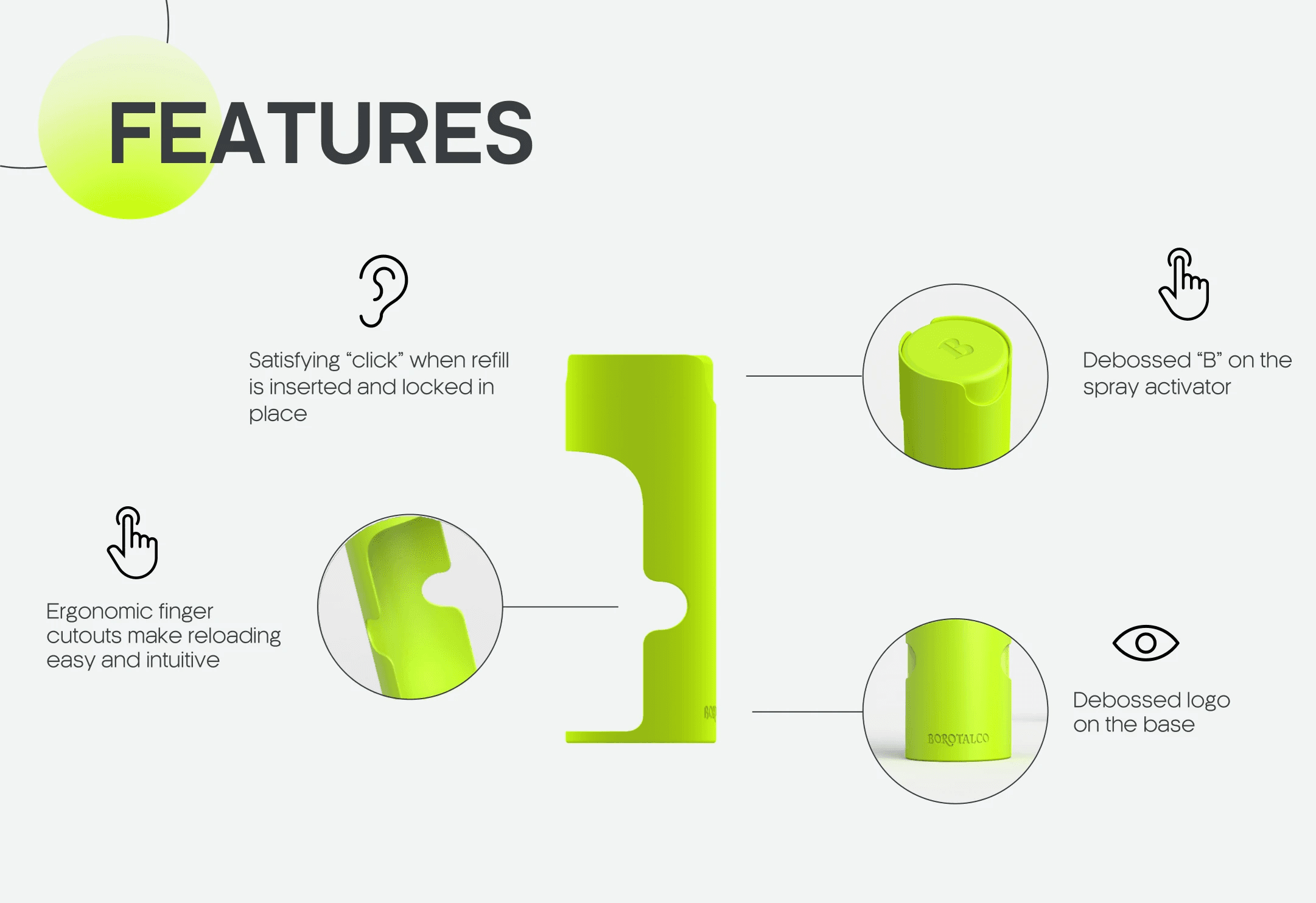 An overview of the features catering to the 5 senses on the main RELOAD body