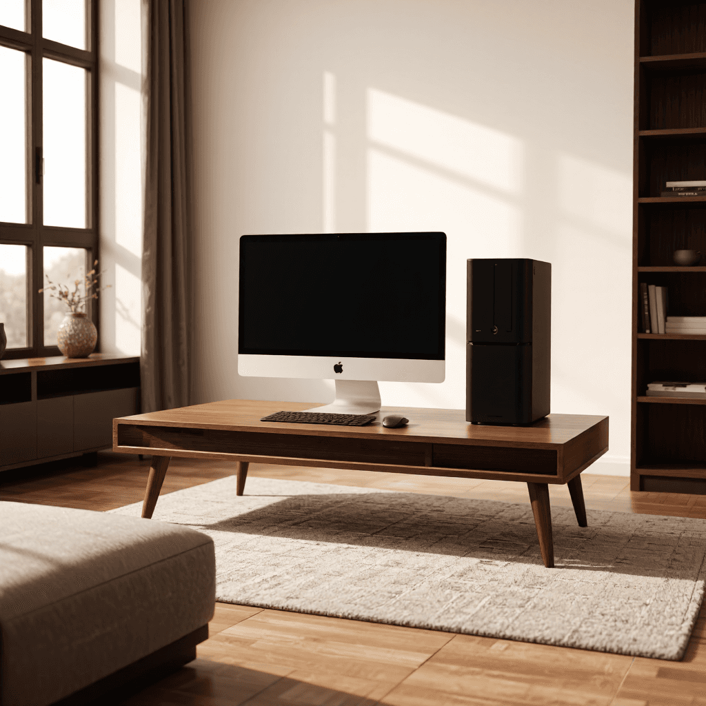 product photography of a desktop computer with a monitor and accessories