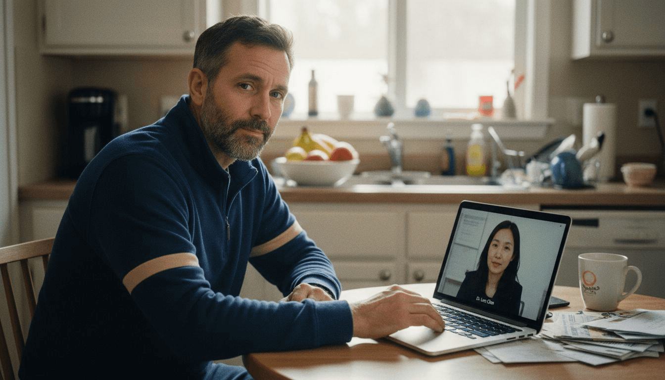 Man attends online therapy at kitchen table