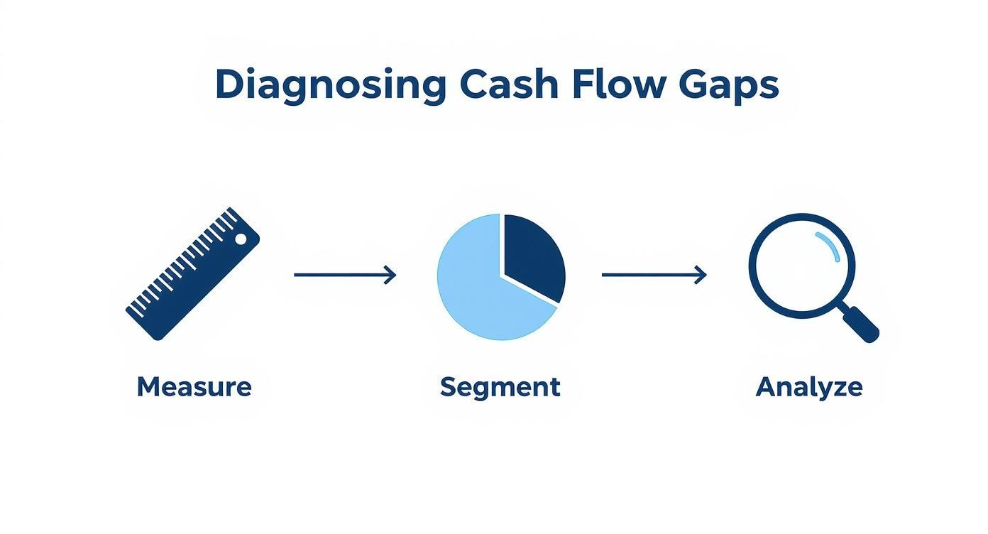 Infographic showing a three-step process to diagnose cash flow gaps: Measure, Segment, and Analyze.
