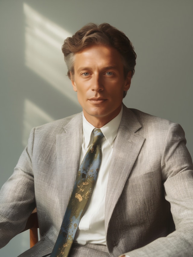 A man dressed in a formal suit and tie, standing confidently with a neutral expression.