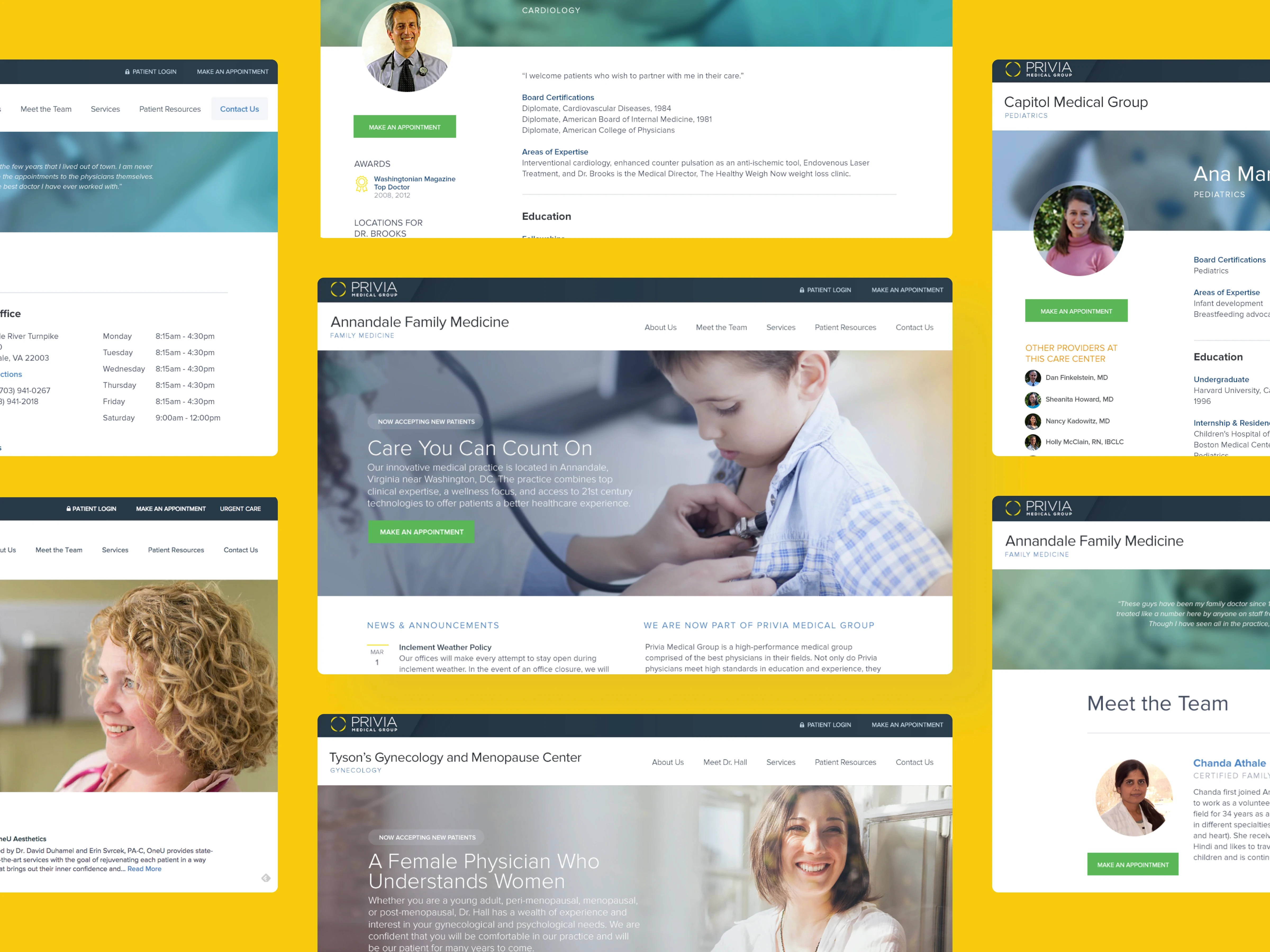 A collage of medical website screenshots showcasing profiles, services, and announcements in blue and yellow theme.