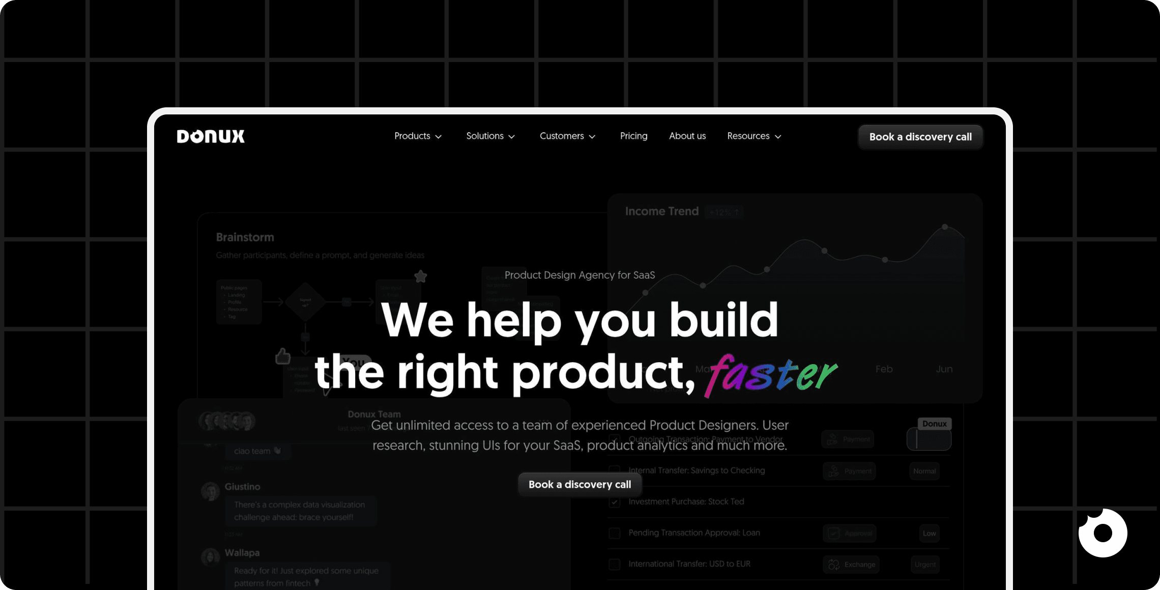 Donux website hero section with tagline ‘We help you build the right product, faster’